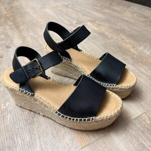 Soludos Black Leather Espadrille Platform Wedge Sandal Size 8.5